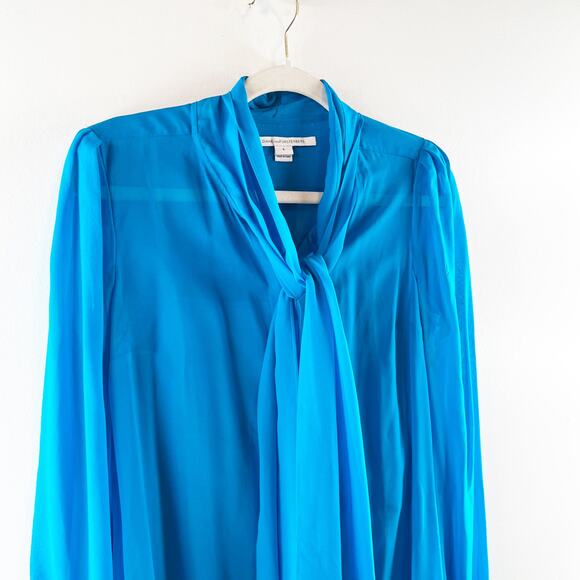 Diane Von Furstenberg Jezebel Tie Neck Chiffon Sheer Button Up Blouse Blue 6 - Picture 8 of 12